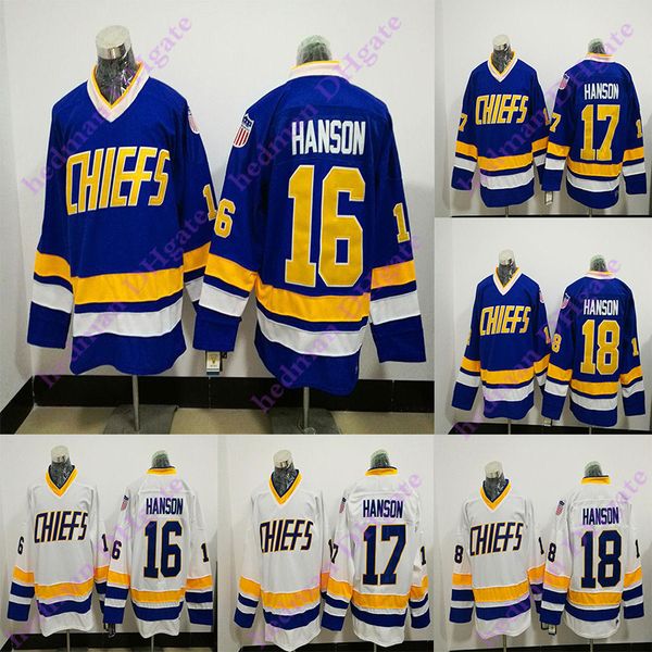 

men's hanson brothers ccm vintage jerseys 16# 17# 18# hanson blue and white chiefs hockey jersey ing, Black;red