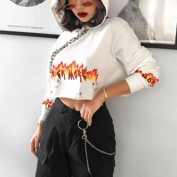 

women's hoodies fire print pullover hoodies women short length expose navel casual wear party clubwear hip hop #4, Black