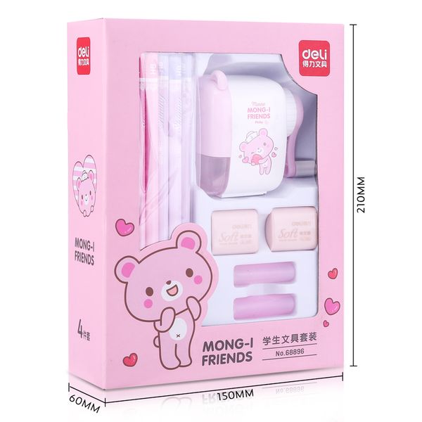 

deli christmas stationery set gift pack pencil + pencil sharpener + rubber pen holder 17pcs pink and blue for kids 68896