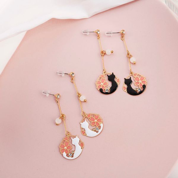 

sansummer new fashion cute cat long shiny flowers sakura pendant romantic glamour beautiful earrings for women jewelry, Silver