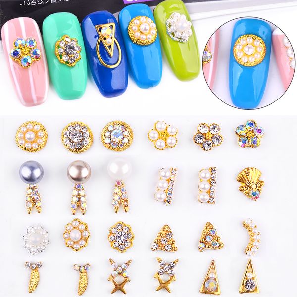 

10 pcs alloy charm crystal pearl 3d nail art rhinestone decorations metal shiny jewelry diy fashion designs manicure accessory, Silver;gold