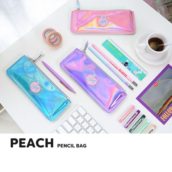 

kawaii school pencil case pvc peach cute laser creative pencilcase kids for boys girls pen bags office stationery pouch supplies