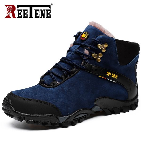 

reetene men winter boots 2019 new leather ankle snow men boots shoes warm thicken fur men's ankle sneakers male shoes, Black