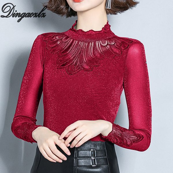 

dingaozlz plus size lace stitching casual elegant female long sleeve embroidery office shirt fashion women blouse, White