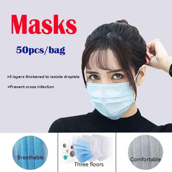 

50pcs disposable mask 3 layer earloop dust mouth masks cover 3ply non-woven anti dust mask soft breathable safety face masks