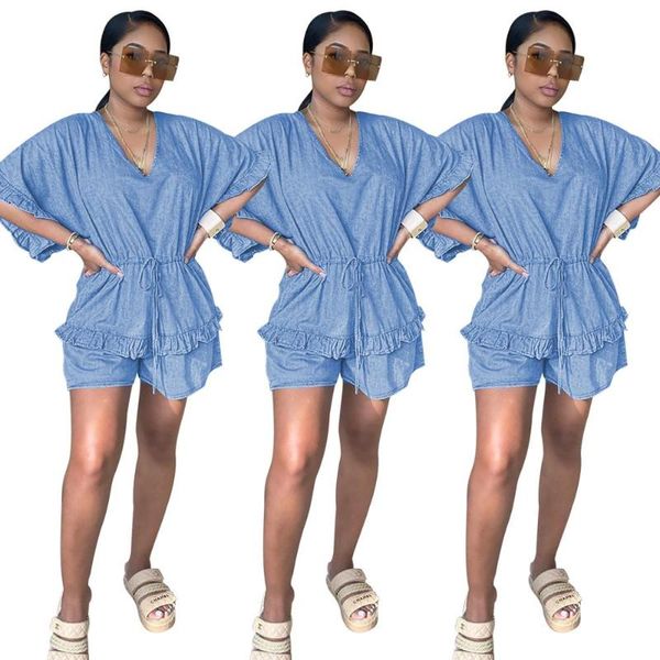 

new summer women denim loose jumpsuits with ruffles 2020 latest short sleeves v neck straight casual playsuits, Black;white