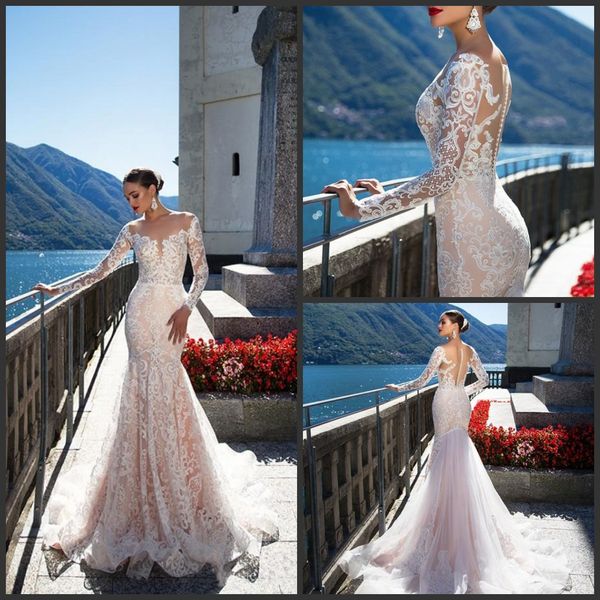 

2019 new backless wedding dresses with long sleeves mermaid sheer plunging neck trumpet bridal gowns sweep train tulle lace wedding dress, White