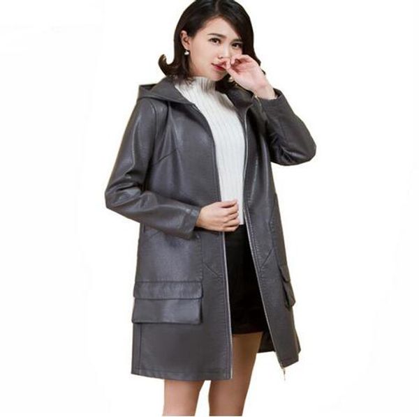 

l- 5xl plus size long leather jackets women 2018 spring autumn women leather trench coat hooded coats, Black