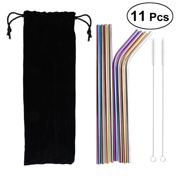 

subject:11pcs stainless steel drinking straws reusable curved & straight straws set for 20oz with 2 brushes and a black cloth bag