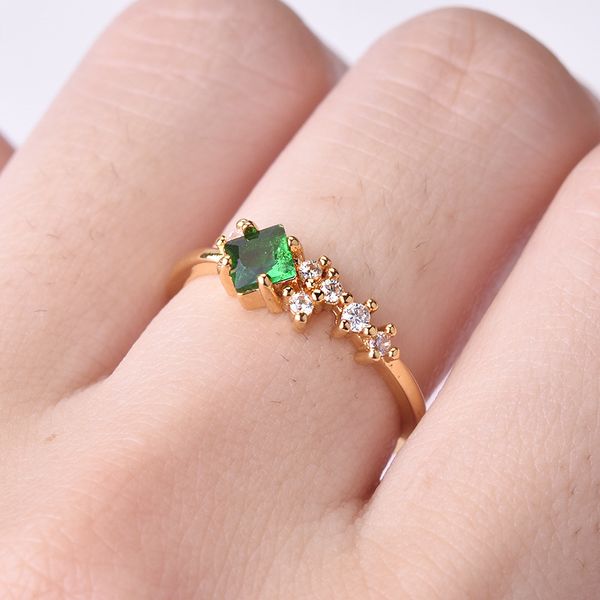 

small fresh japanese agete style 6 small broken diamond rings jewelry plated with 14k gold fine square diamond green zircon, Golden;silver