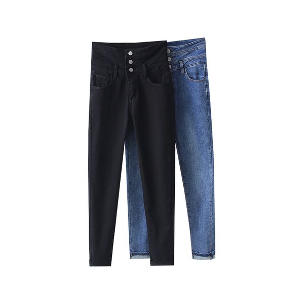 

jeans woman full length button fly high pockets cashmere keep warm fashion korea style, Blue