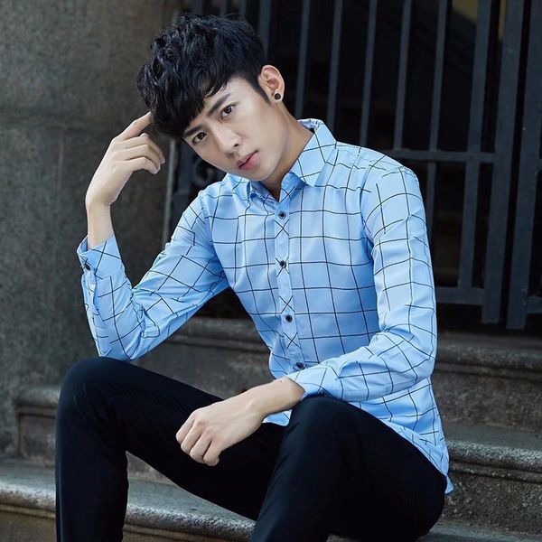 

2020 new arrival shirt men's casual lapel long sleeve plaid print shirt business office work slim light blue white, White;black