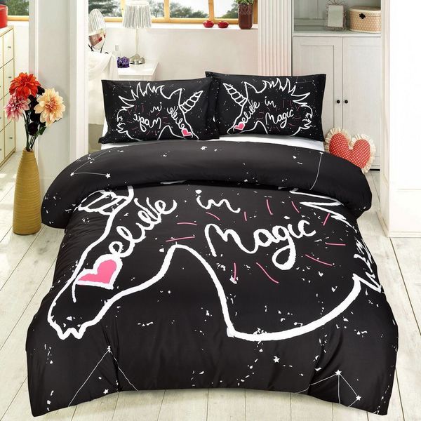 Unicorn Black Kids Bedding Set Duvet Cover Pillow Sham