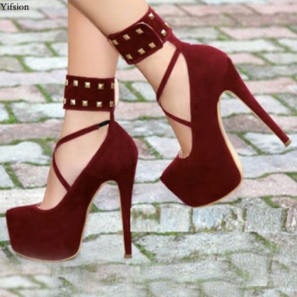 

yifsion women platform pumps rivets stiletto high heels pumps round toe nice wine red dress shoes women plus us size 5-15, Black