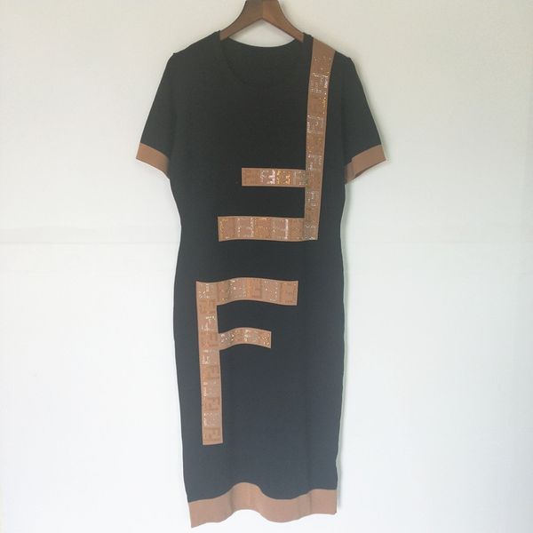 

Women high quality knitted dress Europe-America top classic knitted dresses luxury FF hot drill dress round neck short sleeve dress selling
