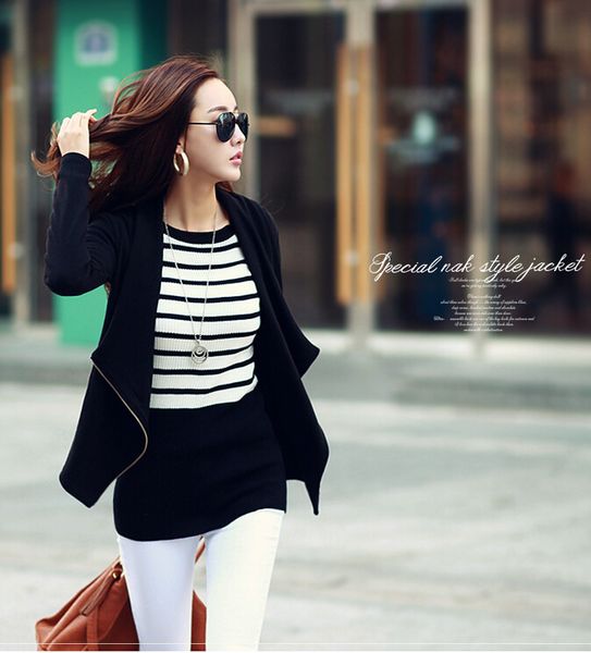 

women casual cardigan spring autumn female jacket patchwork long sleeve asymmetric slim coats knitted outerwear, Black;brown