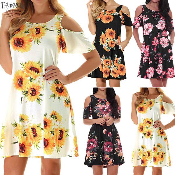 

ladies print floral women's dress 2020 casual off shoulder long sleeve loose dress beach summer dress women sundress sexy, Black;gray