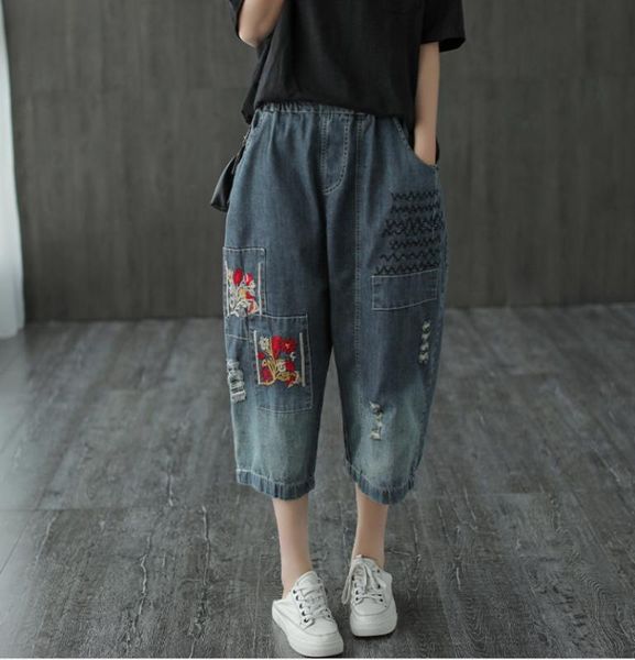 

summer jeans 2020 women retro loose all-match denim pants new elastic waist embroidery pocket ladies casual trousers, Blue
