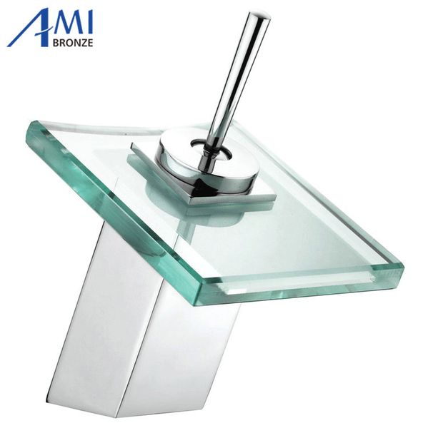 

bathroom sink basin mixer tap chromed brass square glass waterfall faucet bf041