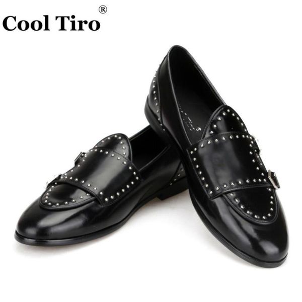 

double buckle loafers men's flats moccasins slippers golden studs casual shoes wedding party dress shoes black calfskin leather