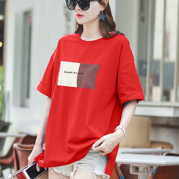 

t-shirt female 2020 xia kuan 100% cotton red korean version of the loose l long women's clothing, White