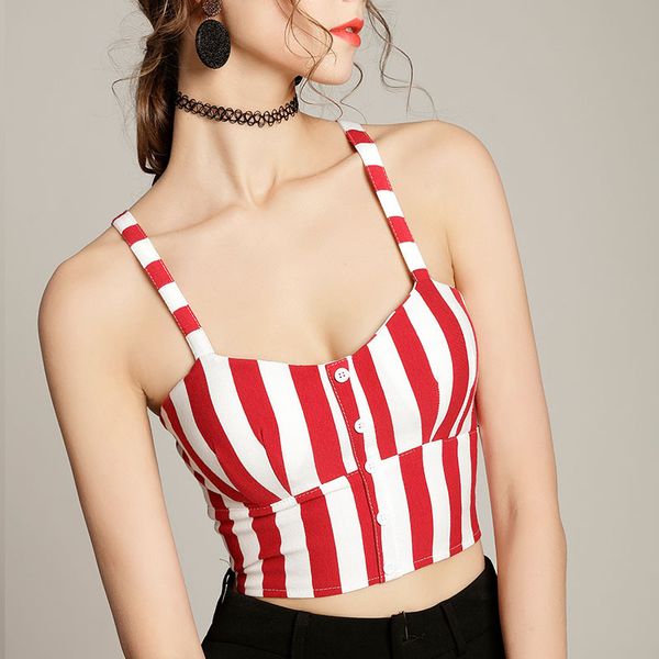 

crop women black stripe short camis women camisole summer sleeveless slim low chest button tank 2019, White