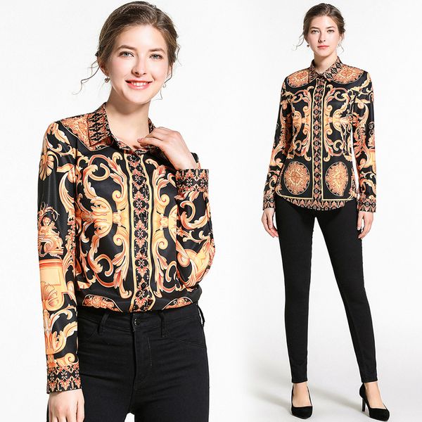 

selling runway women's luxury vintage floral baroque print blouses fall spring office lady slim button front lapel neck shirts, White