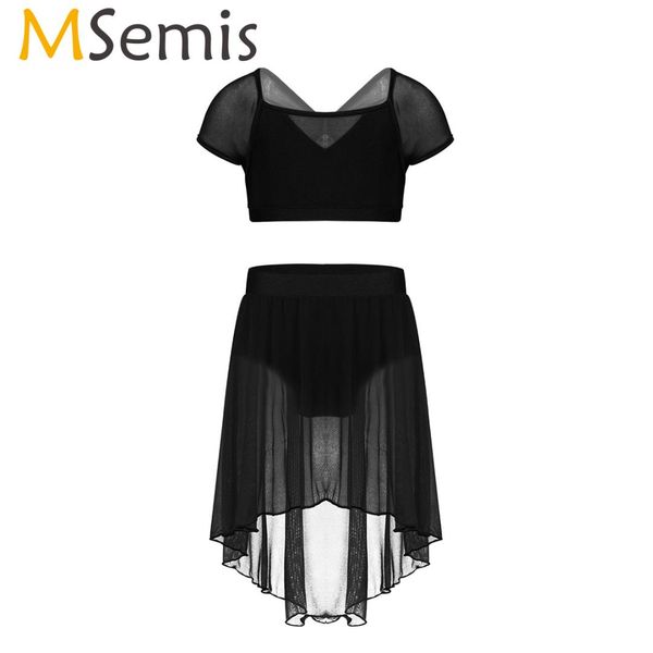 

msemis kid teens gymnastics crop ballerine mesh high-low skirt outfit girls stage contemporary ballet lyrical dance costumes, Black;red