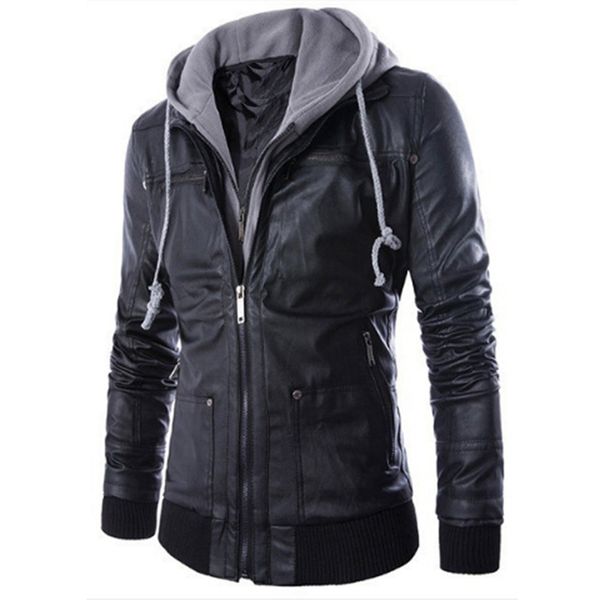 

men's pu leather jackets casual slim fake two pieces men's motorcycle jacket faux leather coat zipper pocket hooded pu jacket, Black