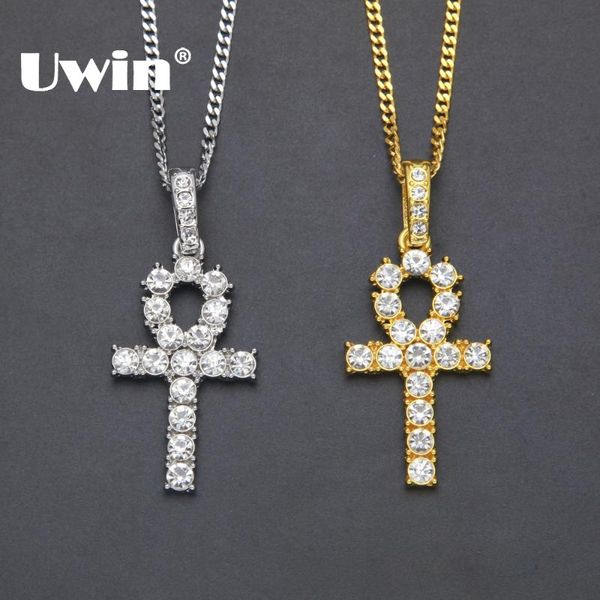 

uwin egyptian ankh key of life pendant necklace with 1 row iced out clear rhinestones tennis chains 20/24/30inch hiphop jewelry, Silver