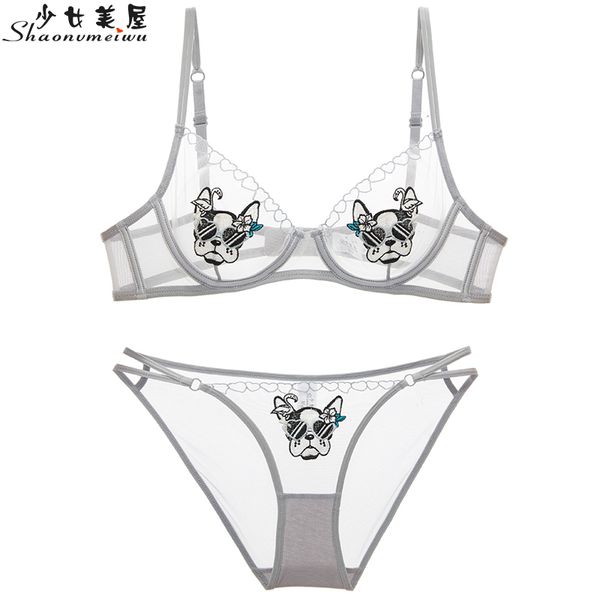 

original design] transparent embroidery see-through animation underwear set ultra-thin bra for women, Red;black