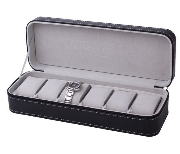 

portable watch box black organizer pu leather casket with zipper classic style 6 grids multi-functional bracelet display case, Black;blue