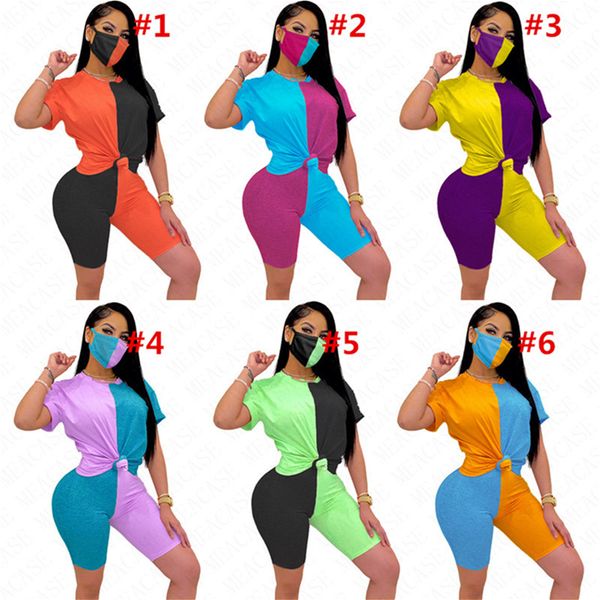 

summer women contrast color patchwork tracksuit three piece suit short sleeve shorts+mask tight casual clothing s-xxl sale d63005, White