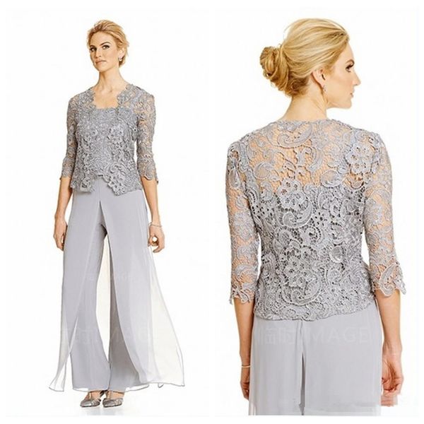 

vintage silver mother of the bride groom dresses with pants suits quarter sleeve lace jacket pant suit evening dresses elegan2690569, Black;red