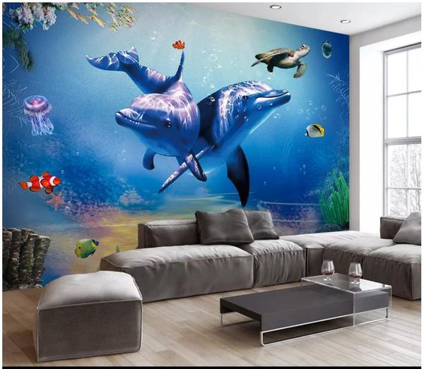 

3d p wallpaper high-end custom mural silk wall sticker dolphin underwater world tv background wall papel de parede