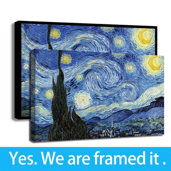 

vincent van gogh starry sky poster reproduction canvas art wall print painting poster for living room decor - ready to hang - frame