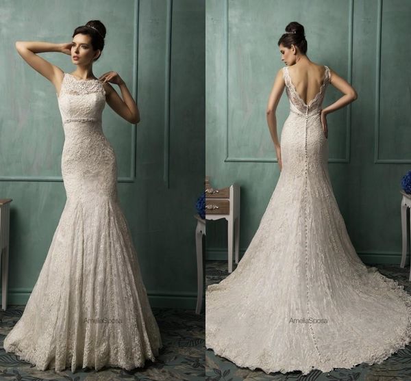 2020 Новый элегантный Amelia Sposa Mermaid кружева свадебное платье Vestido de Applique Scoop Chapel Train Открыть заднее свадебное платье