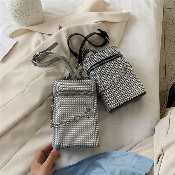 

женская сумка текстура сумка 2020 новая мода горный хрусталь мобильный телефон квадратная цепь плечо мессенджер