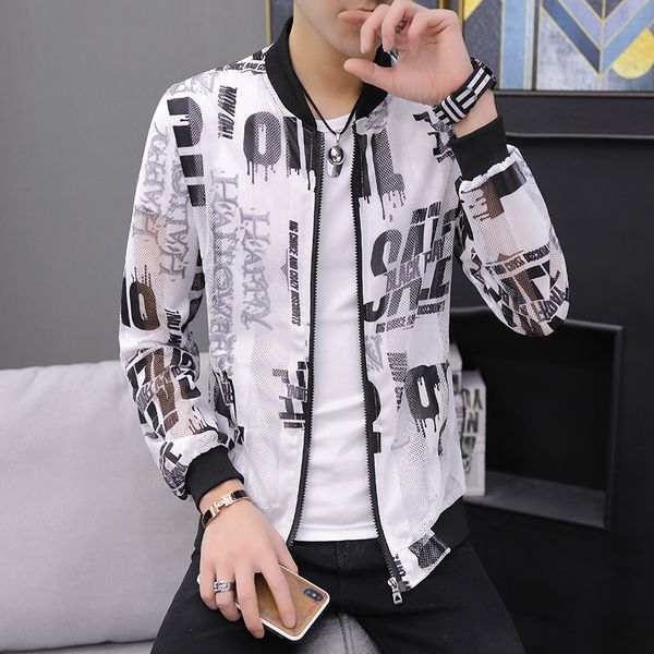 

casual feather print bomber jacket slim fit hollow out thin outwear coats men 2020 summer jackets men sun-protective clothing, Black;brown