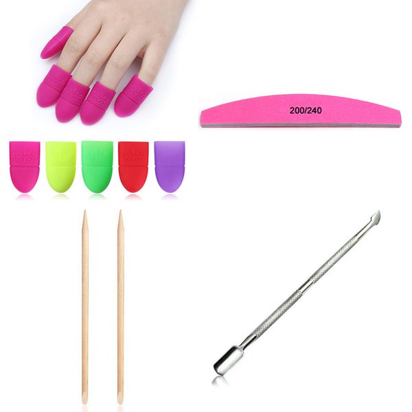 

14pcs/lot nail polish remover set stainless steel cuticle pusher 200/240 grit nail files wood stick pedicure manicure soaker cap