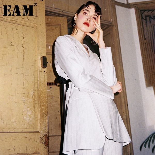 

eam] 2019 new spring summer lapel long sleeve gray striped bandage split joint loose jacket women coat fashion tide je986, Black;brown