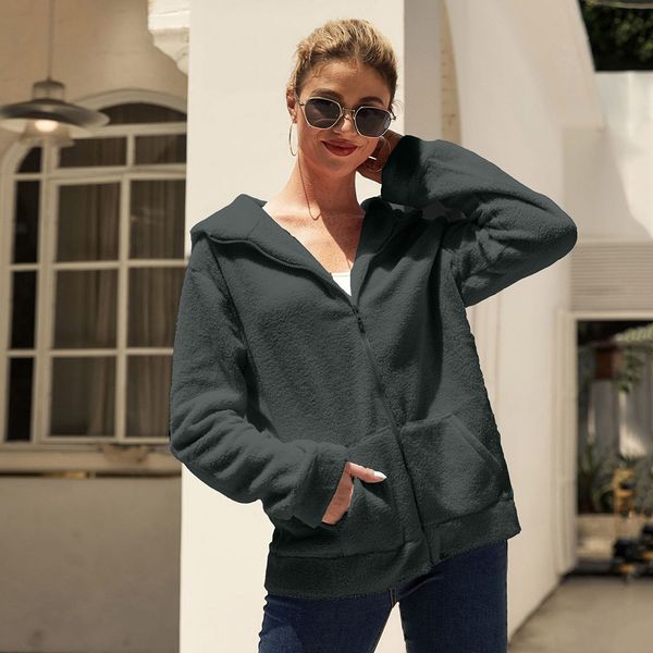 

feitong hoodies women long sleeve solid color autumn winter warm fleece zipper hoodie sweatshirt female streetwear coat, Black