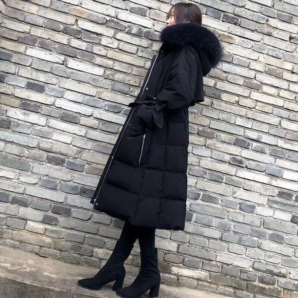 

2019 new raccoon big fur collar thick down jacket female long section over the waist waist white duck down jacket female, Black