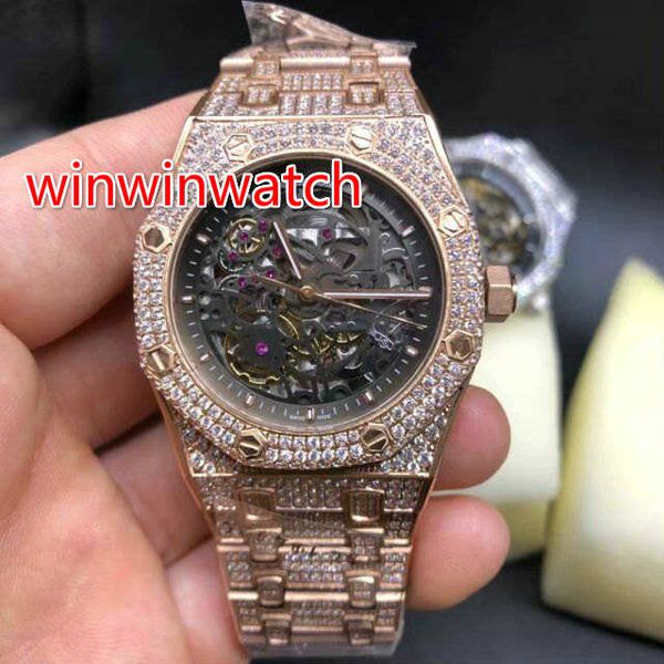 

full iced out men watch stainless steel rose gold and silver case watch glass back full diamond wristwatch sapphire crystal automatic 39mm, Slivery;brown