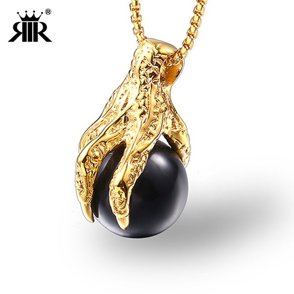 

rir gothic biker black stone dragon claw pendant necklace men stainless steel jewelry silver gold tone chain