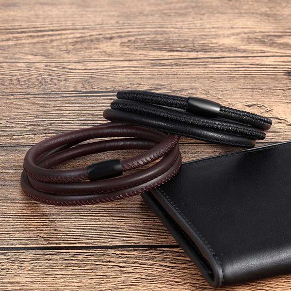 

bangle tjp classic multi-layers genuine leather bracelet for men hand charm jewelry magnet handmade gift cool boys, Black