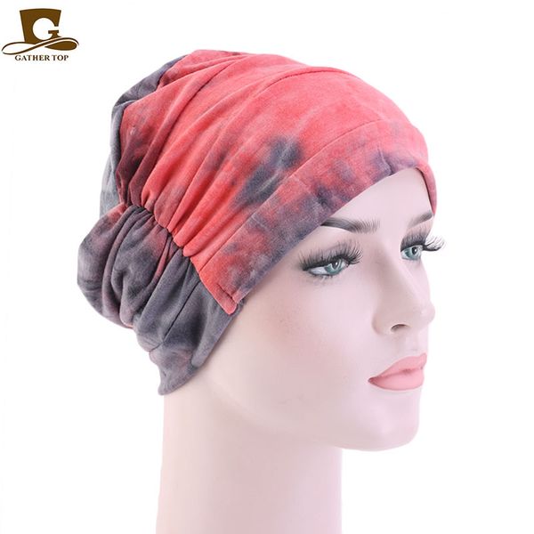 

women tie-dyed cotton breathe hat new women's turban elastic cloth head cap hat ladies hair accessories muslim scarf cap, Blue;gray