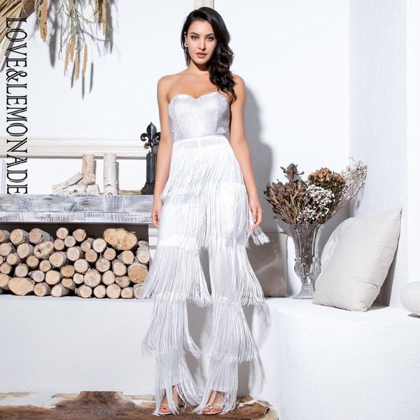 

love&lemonade white tube reflective material tassel decoration jumpsuit lm81765, Black;white