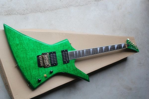 Fabrikspezifische, ungewöhnliche grüne E-Gitarre mit Wolkenahornfurnier, Floyd-Rose-Brücke, goldene Hardware, kann individuell angepasst werden