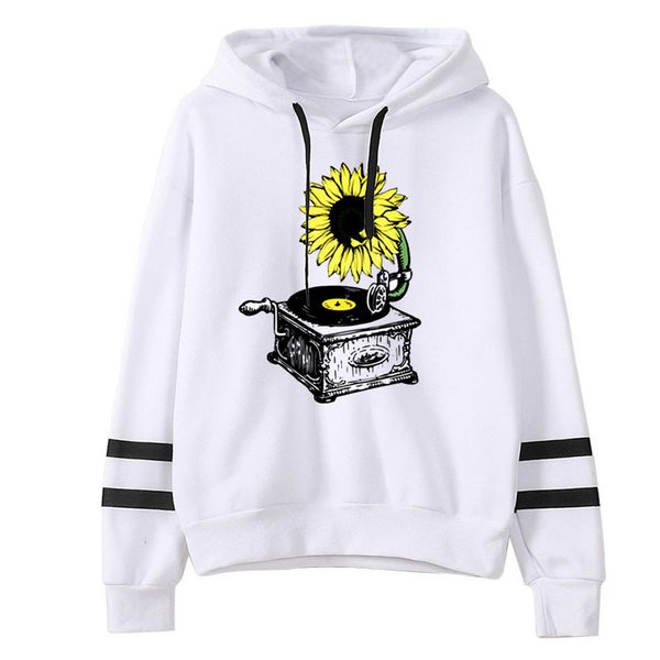 

women sunflower printing stripe round collar long sleeve sweatshirt drawstring broadcloth pullover solid color polyester xj, Black
